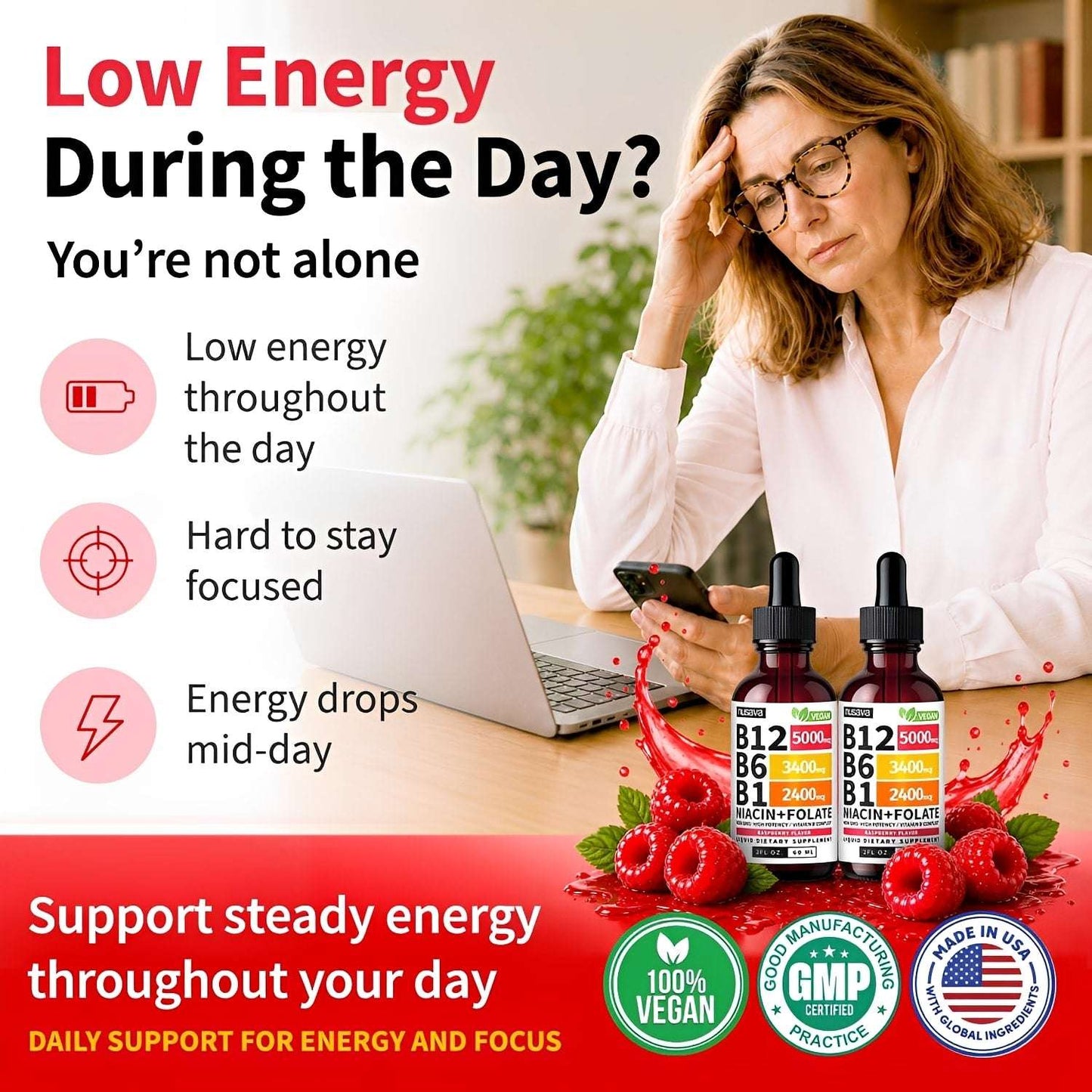 Vitamina B12 sublingual liquid supplement by Tlesava, two dark amber glass bottles with droppers, raspberry flavor, vegan, GMP certified, displayed with fresh raspberries and a tired woman at a desk.