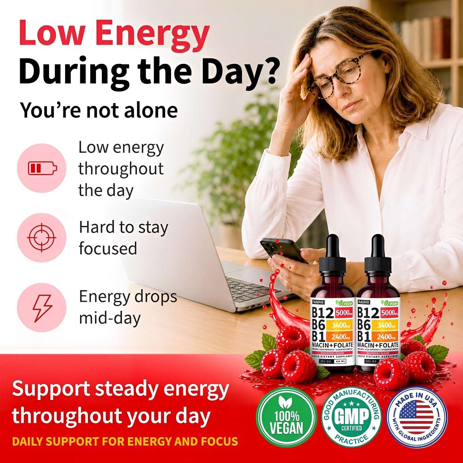 Vitamina B12 sublingual liquid supplement by Tlesava, two dark amber glass bottles with droppers, raspberry flavor, vegan, GMP certified, displayed with fresh raspberries and a tired woman at a desk.