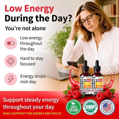 Vitamina B12 sublingual liquid supplement by Tlesava, two dark amber glass bottles with droppers, raspberry flavor, vegan, GMP certified, displayed with fresh raspberries and a tired woman at a desk.