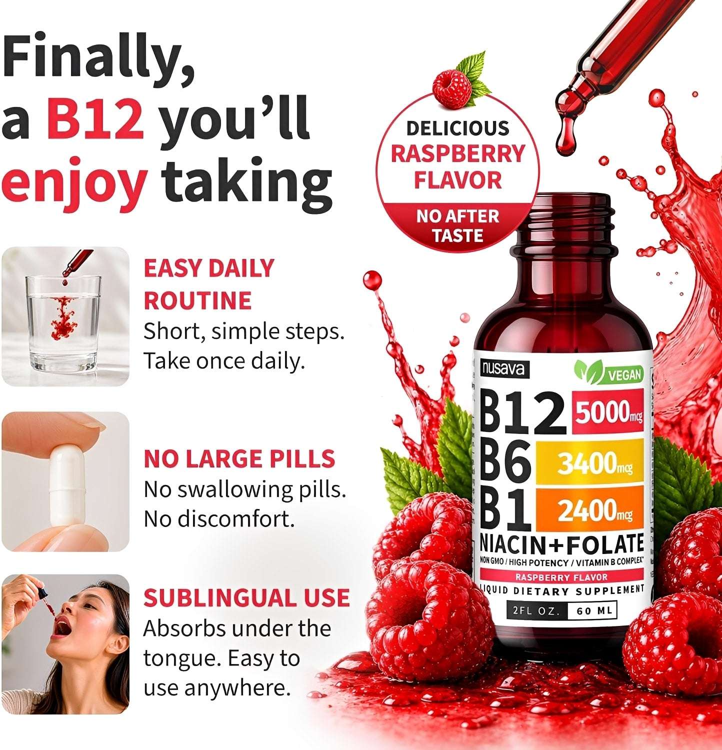 Vitamin B12 sublingual liquid by Nusava, raspberry flavor, in amber glass bottle with dropper, surrounded by fresh raspberries and splashes, lifestyle view