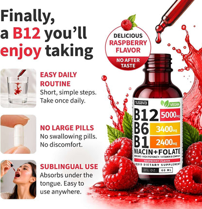 Vitamin B12 sublingual liquid by Nusava, raspberry flavor, in amber glass bottle with dropper, surrounded by fresh raspberries and splashes, lifestyle view