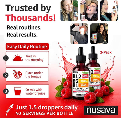 Vitamina B12 sublingual liquid supplement by Nusava, two amber glass bottles with droppers, raspberry flavor, surrounded by fresh raspberries and green leaves, front view.